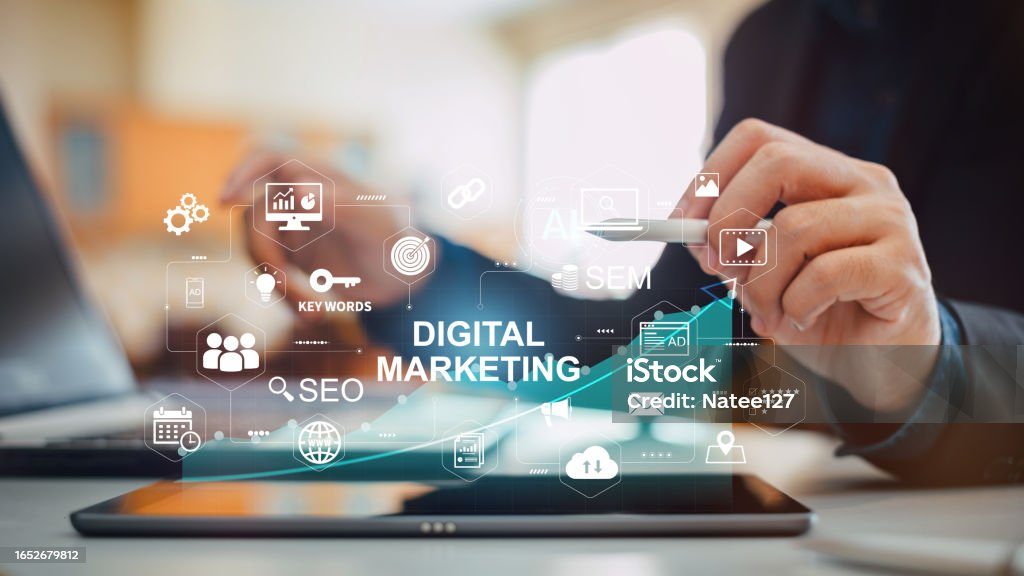 Digital marketing business technology. Website advertisement email social media network, SEO, SEM video and mobile application icons in virtual screen.